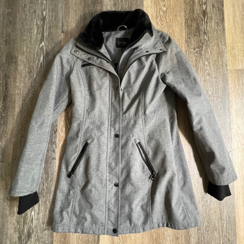 Jessica Simpson Softshell Parka Women Size M Grey Faux Fur Trim Cinched Waist